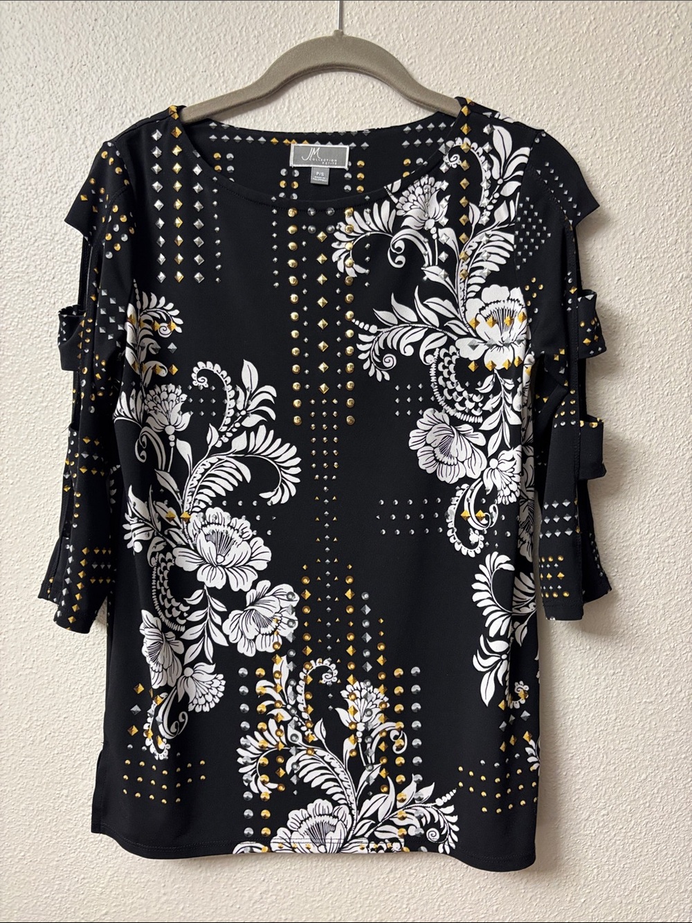 JM Collection Black Floral Cold-Shoulder Blouse with Gold Studs